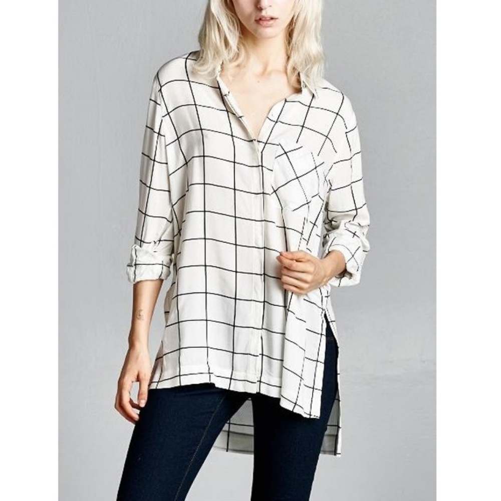 Plaid Roll-up Long Sleeve Hidden Button Down Shirt